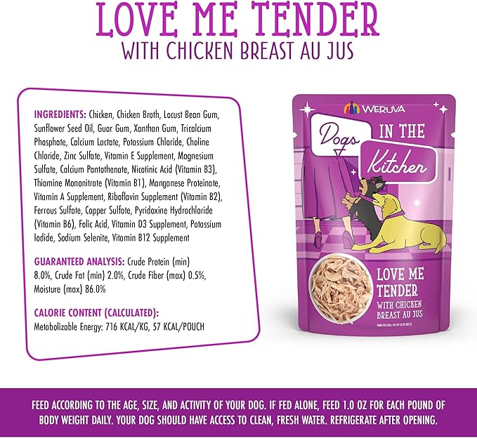 Weruva Dogs in The Kitchen, Love Me Tender with Chicken Breast Au Jus Dog Food, 2.8oz Pouch (Pack of 12), Purple