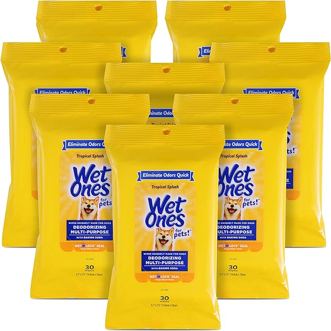 Wet Ones for Pets Deodorizing Multi-Purpose Dog Wipes with Baking Soda, 30 ct - 8 Pack | Dog Deodorizing Wipes for All Dogs in Tropical Splash Scent, Wet Ones Wipes with Wet Lock Seal (FF12847PCS8)