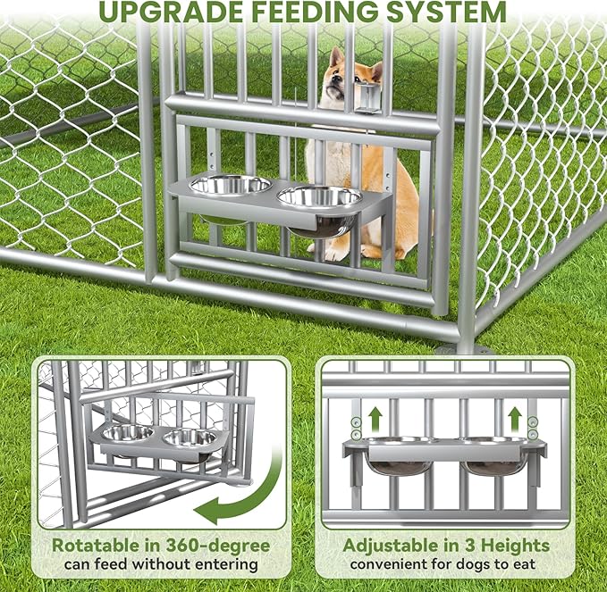 6.7' x 6.7' x 5' Outdoor Dog Kennel with Roof, Outside Dog Kennel with UV-Resistant & Waterproof Cover, Dog Kennel Outside with Rotating Feeding Bowls, Covered Outdoor Kennel for Dogs