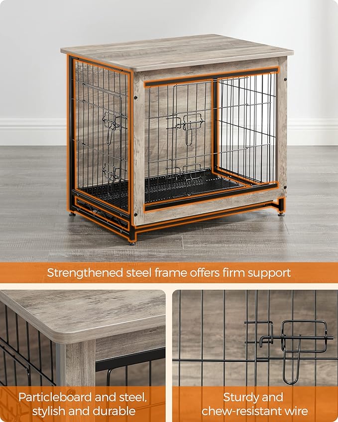 Feandrea Dog Crate Furniture, Side End Table, Modern Kennel for Dogs Indoor up to 30 lb, Heavy-Duty Dog Cage with Multi-Purpose Removable Tray, Double-Door Dog House, Greige UPFC001G01