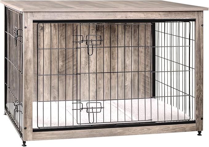 DWANTON Dog Crate Furniture with Cushion, Large Wooden Dog Crate with Double Doors, Dog Furniture, Indoor Dog Kennel, Dog House, Large, 38.5" L, Greige