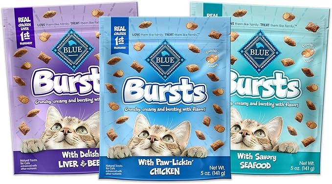 Blue Buffalo Bursts Crunchy Cat Treats Variety Pack, Chicken, Chicken Liver and Beef, and Seafood 5-oz Bags (3 count)