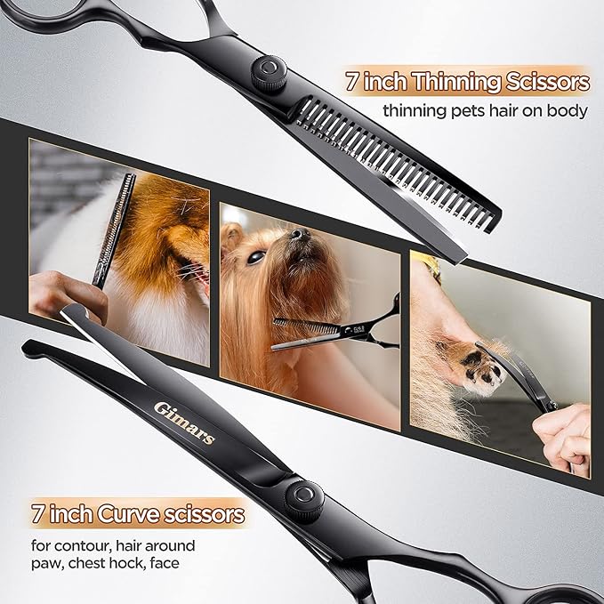 Gimars Professional 4CR Stainless Steel 6 in 1 Grooming Scissors for Dogs with Safety Round Tip, Heavy Duty Titanium Coated Pet Grooming Scissor for Dogs, Cats and Other Animals