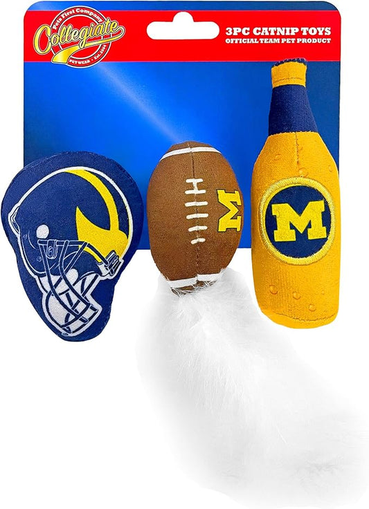 BEST PLUSH CAT TOY NCAA MICHIGAN WOLVERINES Complete Set of 3 piece Cat Toys filled with Fresh Catnip. Includes: 1 Helmet Cat Toy, 1 Football Cat Toy with Feathers & 1 Beer Bottle. Beautiful Team LOGO