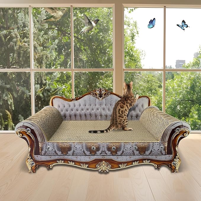 Luxury Cardboard Cat Scratcher Sofa Couch Bed, Couch Shaped Cat Scratching Board, Cat Scratch Lounge with Catnip, Cat Scratcher for Indoor Cats Grey