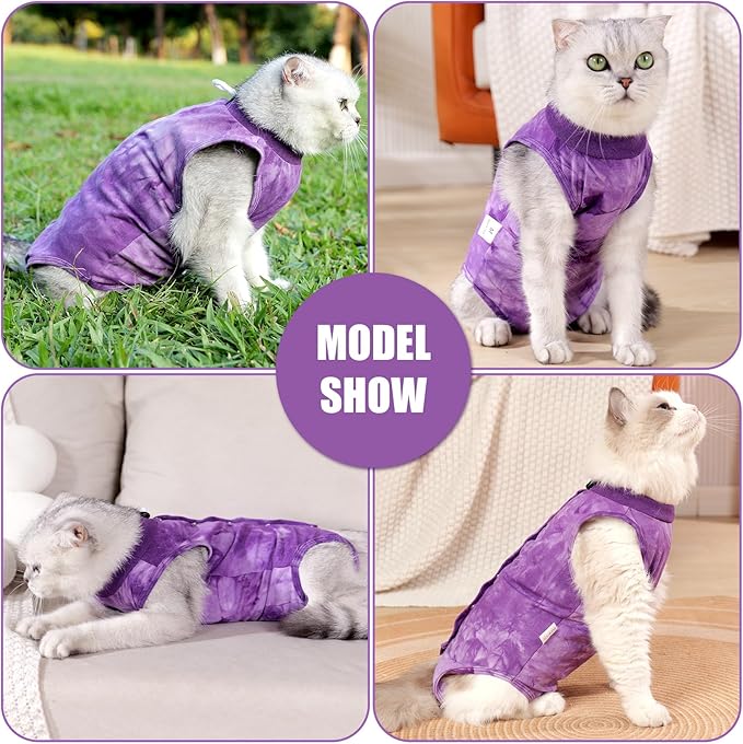 Cat Recovery Suit for Male and Female Surgical Post Surgery Soft Cone Onesie Tie Dye Cats Shirt Clothes Neuter Licking Protective Diapers Outfit Cover Kitten Spay Collar Alternative(Purple, L)