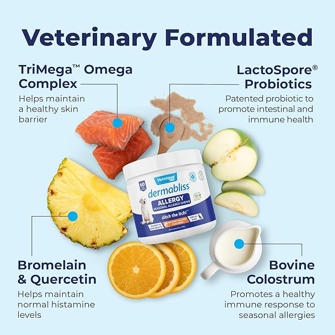 Vetnique Dermabliss Seasonal Dog Allergy Relief & Immune Support Supplement Allergy Chews for Dogs Itching and Licking with Omega 3 Fish Oil & Probiotics for Itch Relief - Vet Recommended (60ct Chews)