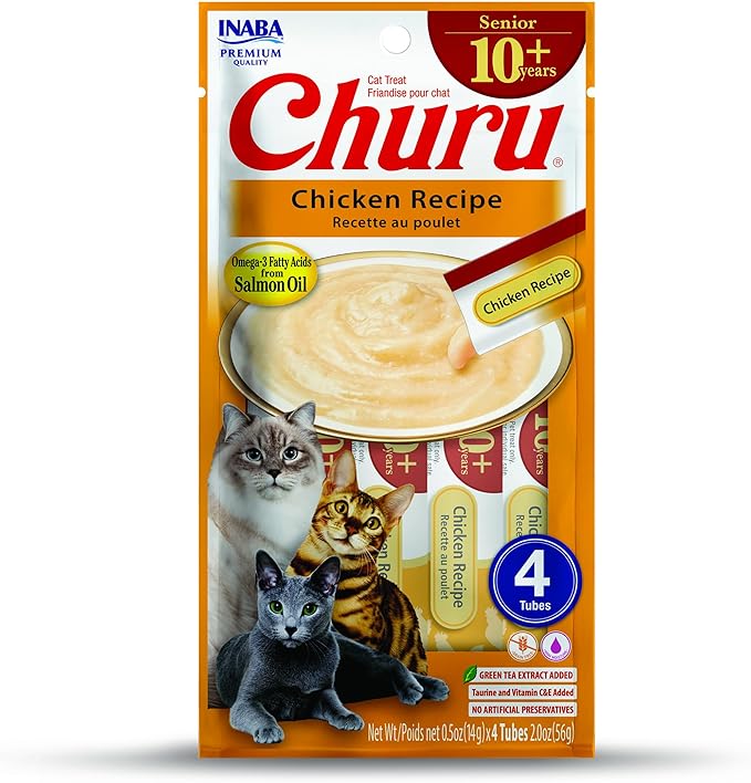 INABA Churu for Senior 10+, Creamy Lickable Cat Treats with Taurine, Vitamin E & C, 0.5 ounces Each, 24 Tubes (4 per Pack), Chicken Recipe