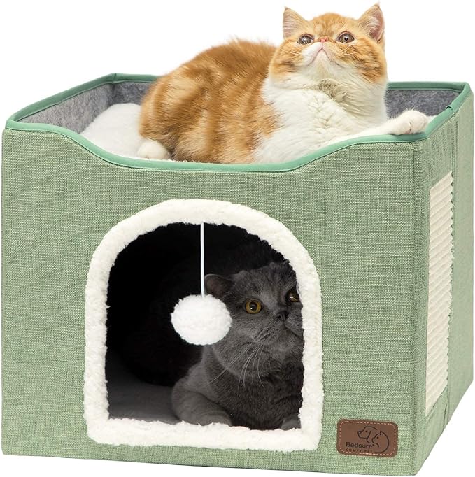 Bedsure Cat Beds for Indoor Cats - Large Cat Cave for Pet Cat House with Fluffy Ball Hanging and Scratch Pad, Foldable Cat Hideaway,16.5x16.5x13 inches, Green