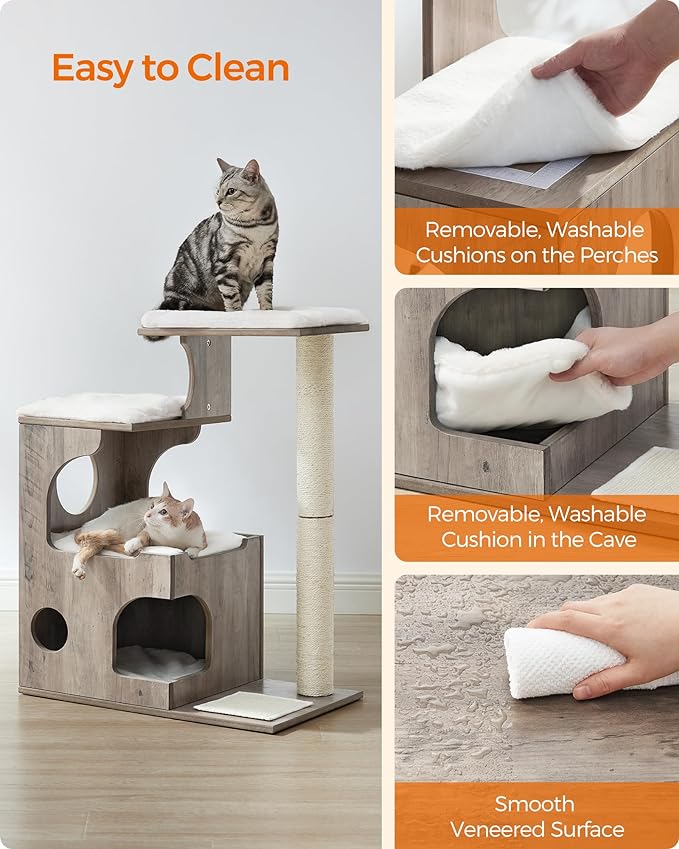 Feandrea WoodyWonders Cat Tree, 33.8-Inch Modern Cat Tower, Cat Condo with 3 Perches, Scratching Post and Mat, Cave, 4 Removable Washable Cushions, Heather Greige UPCT070G01