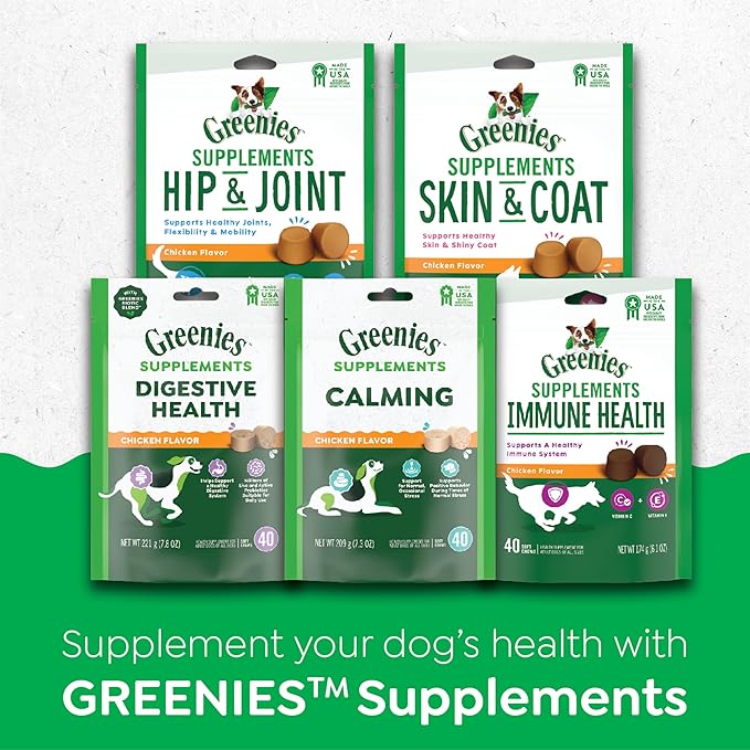 Greenies Supplements Calming Chews for Dogs Chicken Flavor, 80 Count Soft Chews Dog Calming Supplements, 4.7 oz Container