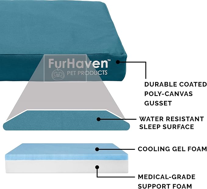 Furhaven Water-Resistant Cooling Gel Dog Bed for Large Dogs, Deep Lagoon, Jumbo Plus/XXL, 53"L x 40"W x 5"Th