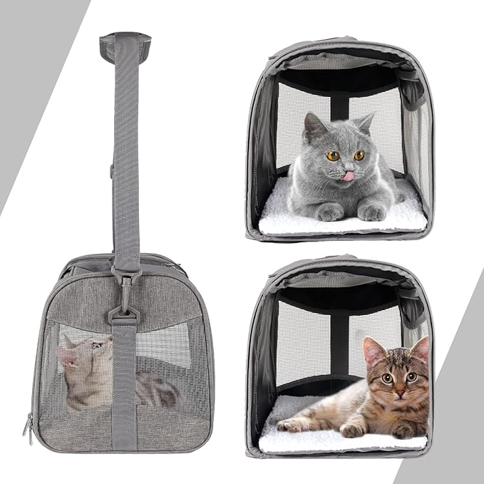 Cat Carrying Case - Pet Carrier Airline Approved, Protable and Breathable Pet Travel Carrier Removable Fleece Pad, Collapsible Cat Carrier Dog Carrier for Medium Cats Small Cats Dogs (17*11*11 grey)