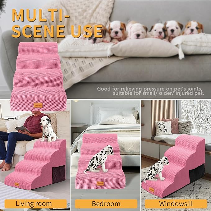 Topmart High Density Foam Dog Steps 4 Tiers,Extra Wide Deep Pet Steps, Non-Slip Pet Stairs,Dog Ramp for Bed,Soft Foam Dog Ladder,Best for Older Dogs Injured,Older Pets,Cats with Joint Pain,Color Pink