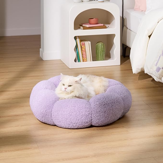 Lesure Calming Cat Beds for Indoor Cats - Cute Flower Pet Beds in Teddy Sherpa Plush, Donut Round Fluffy Puppy Bed, Non-Slip Extra Small Dog Bed Fits up to 15 lbs, Machine Washable, Purple 20"