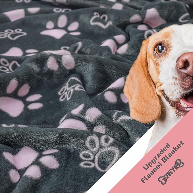 Upgraded Dog Blankets for Large Dogs 2024, Dog Cat Flannel Blankets Washable, Soft Pet Mat Throw Cover for Kennel Crate Bed, Cute Paw Pattern, Dog Blanket, Pet Blanket, GreyPink,50x60 inch