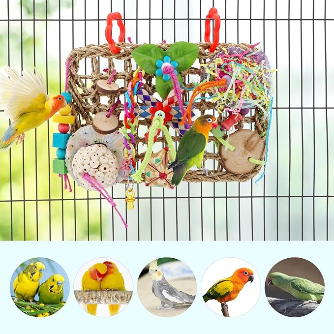 Hypeety Bird Toys Parrot Foraging Toys Bird Chew Toys Parakeet Shredding Seagrass Climbing Mat with Various Toys for Conure, Cockatiel, Lovebird, Parakeet, Budgie (M(Solla Ball))