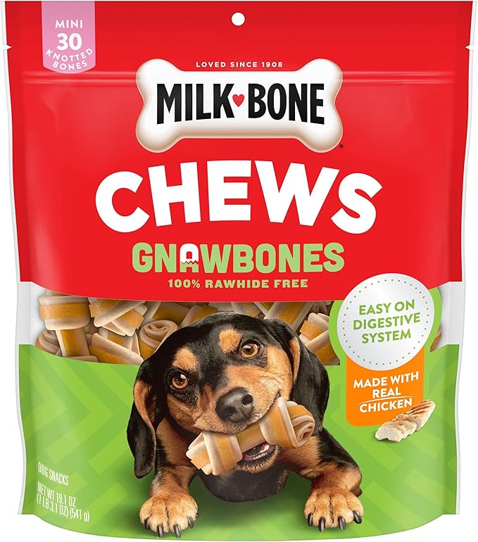 Milk-Bone Chews GnawBones Rawhide Free Dog Treats, Chicken, 30 Long Lasting Mini Knotted Bones