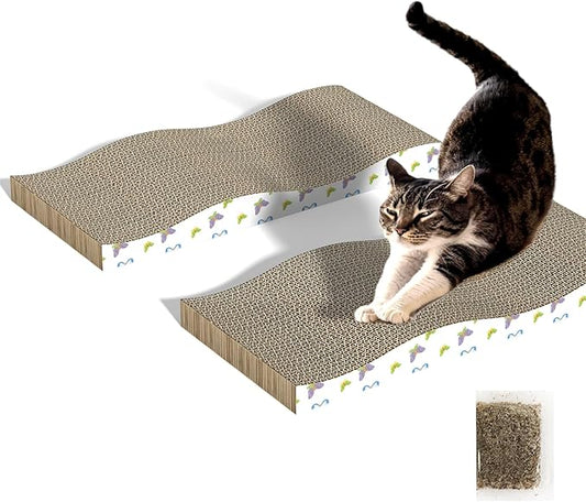 Cat Scratching Board, Cardboard Cat Scratcher with Catnip, Corrugated Cat Scratch Pad with Premium Scratch Textures Design, Double-Sided Cat Scratchers for Indoor Cats (Pack of 2)