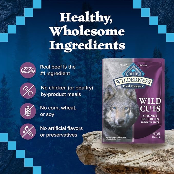 Blue Buffalo Wilderness Trail Toppers Wild Cuts Wet Dog Food, High-Protein & Grain-Free, Made with Natural Ingredients, Chunky Beef Bites in Hearty Gravy, 3-oz. Pouches, (24 Count)