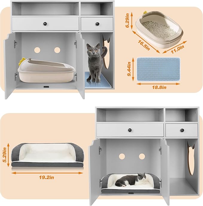 DOUSY- Wooden Cat Litter Box Enclosure, Hidden Litter Box Furniture Enclosed Cat Washroom Storage Cabinet with Storage Drawers, Open Compartments, Air Vents, for Living Room, Bedroom, Grey