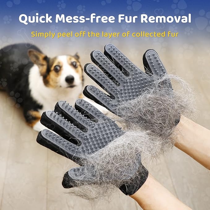 Upgrade Version Pet Grooming Glove - Gentle Deshedding Brush Glove - Efficient Pet Hair Remover Mitt - Enhanced Five Finger Design - Perfect for Dog & Cat with Long & Short Fur - 1 Pair (Gray)