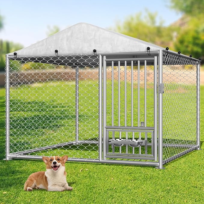 Outdoor Dog Kennel with Roof, Outside Dog Kennel Heavy Duty Dog Run Fence with Waterproof Sun-Proof Cover and 2 Stainless Steel Dog Bowl