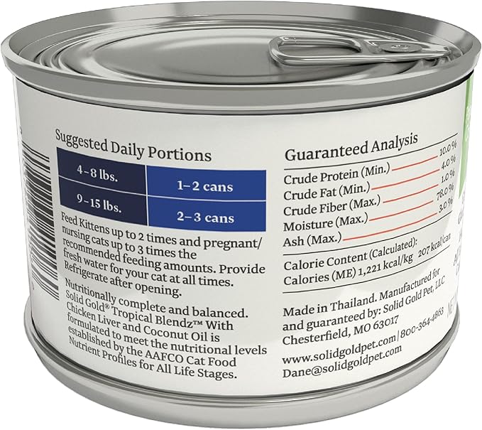 Solid Gold Wet Cat Food Pate for Adult & Senior Cats - Real Chicken Liver & Coconut Oil - Tropical Blendz Grain Free Wet Cat Food for Healthy Digestion, Skin, Coat & Sensitive Stomach - 16ct/6oz Can