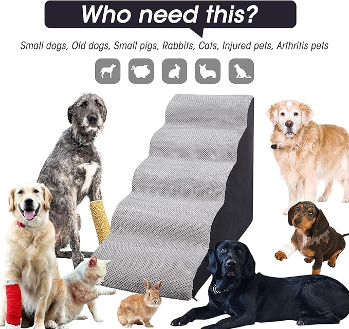 Foam 5 Tier Dog Steps&Stairs for High Beds 25 inches High, Tall Extra Wide Pet Stairs/Steps for High Beds/Bedsides,Non-Slip Dog Ramps for Small Dogs, for Older Dogs/Cats Injured(Grey)