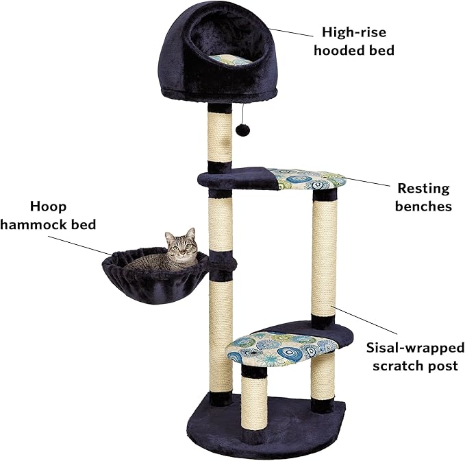 MidWest Homes for Pets Cat Tree Resort, 4-Tier Sisal Wrapped Cat Scratching Post, Blue/White Pattern, 24.75L x 37.25W x 60H Inches