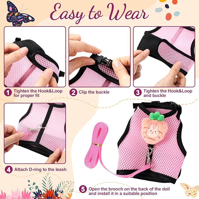 Rabbit Harness and Leash Set with 2 Cute Decorations Soft Adjustable Buckle Breathable Mesh Vest Harness for Rabbits Ferret Small Pig Puppy Walking Supplies (Pink,Cute Pattern)