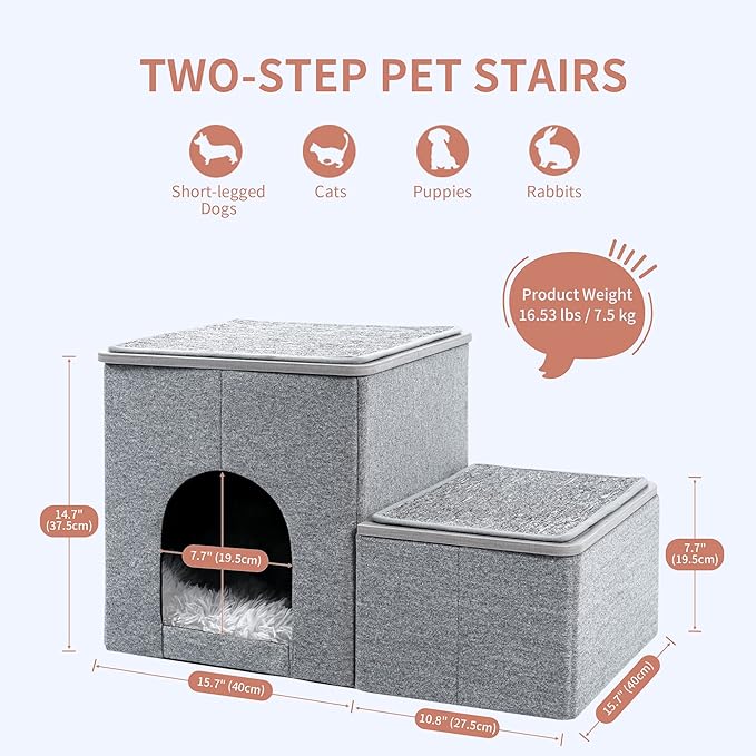 Made4Pets Cat Stairs for Bed, Pet Steps Puppy Dog Ladder for Old Cats, Doggie Step Stool for Small Dogs with Storage, Dog Ramps for Sofa High Beds, Foldable Doggy Bed Stair Perch for Couch Window