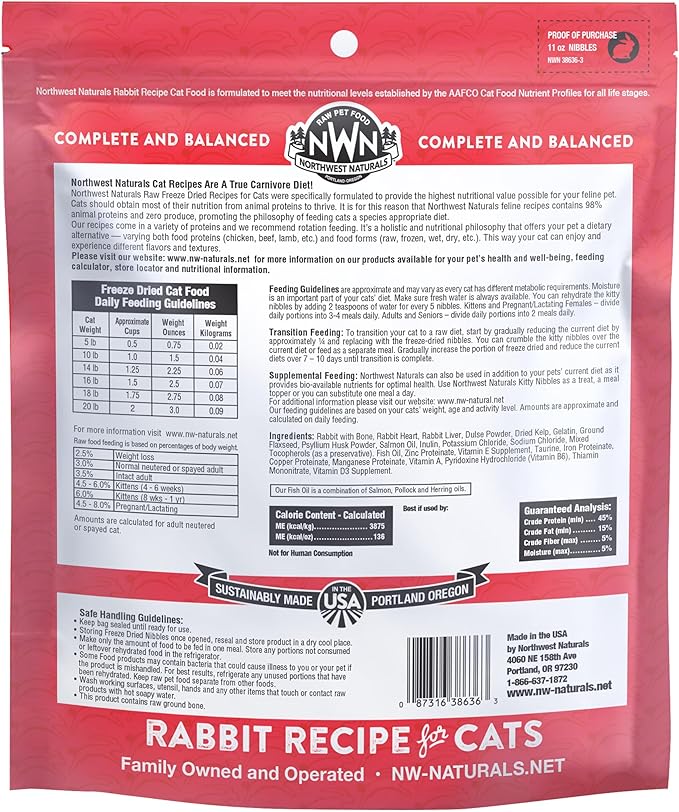 Northwest Naturals Freeze-Dried Rabbit Cat Food - Bite-Sized Nibbles - Healthy, Limited Ingredients, Human Grade Pet Food, All Natural - 11 Oz (Pack of 3) (Packaging May Vary)