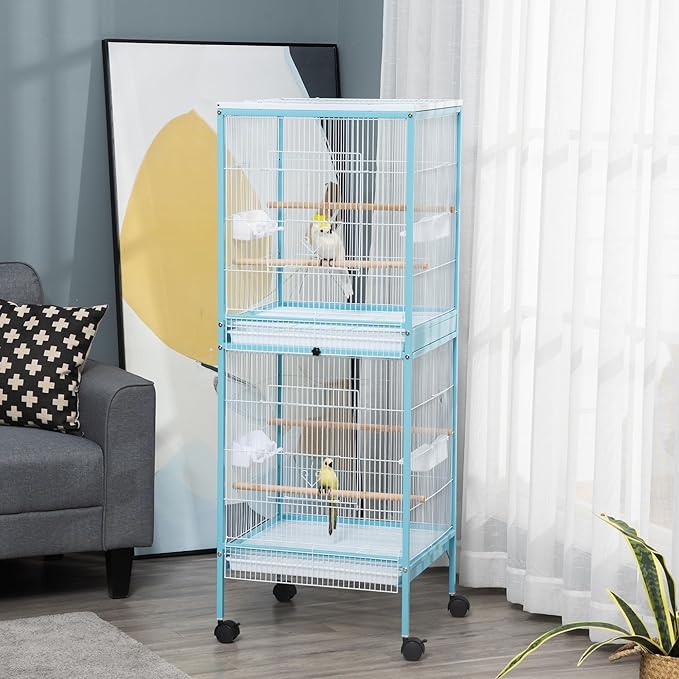 PawHut Large Bird Cage with 1.7 ft. Width for Wingspan, Bird Aviary Indoor with Multi-Door Design, Fit for a Canary, Finch, Conure, 55", Light Blue