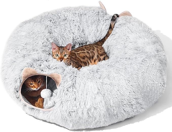 Cat Tunnel with Cat Bed for Indoor Cats, Soft Plush Peekaboo Cat Cave Donut Tunnel, Multifunctional Cat Playground Toys Hideplace for Small Medium Large Cats, Kittens, Rabbit, Ferret (Grey)