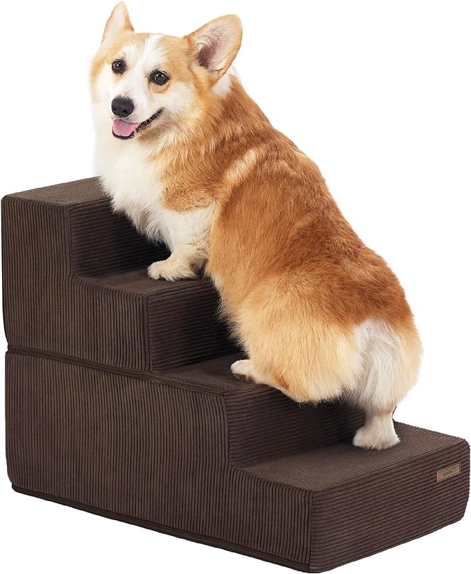 Lesure Dog Stairs for Small Dogs - Pet Stairs for High Beds and Couch, Folding Pet Steps with CertiPUR-US Certified Foam for Cat and Doggy, Non-Slip Bottom Dog Steps, Brown, 4 Steps