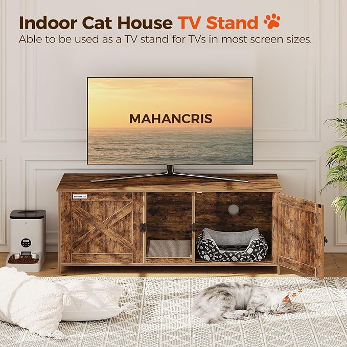 Cat Litter Box Enclosure for 2 Cats, 47.2" Hidden Cat Litter Box Furniture with Double Room, Wooden Cat Washroom with Scratching Board, Indoor Cat House End Table, Rustic Brown CWHR1201