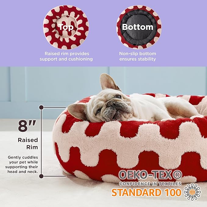 Lesure Donut Small Dog Bed - Round Cat Beds for Indoor Cats Anti-Anxiety Calming Pet Beds, Washable Cute Modern Beds with Teddy Sherpa Plush & Anti Slip Bottom Red