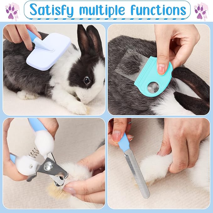 8 Pcs Small Animal Pink Grooming Kit, Rabbit Grooming Kit with Pet Nail Clipper and File, Flea Comb, Pet Shampoo Bath Brush , Pet Shedding Slicker Brush, Bath Massage Glove, Cleaning Comb (Blue)