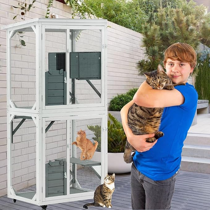 72 Inch Wooden Catio Outdoor Cat Enclosure on Wheels, Luxury Kitty-House with 2 Jumping Platforms & Weatherproof Asphalt Roof, Kitty Condo Cage Shelter Playpen with Sliding Doors