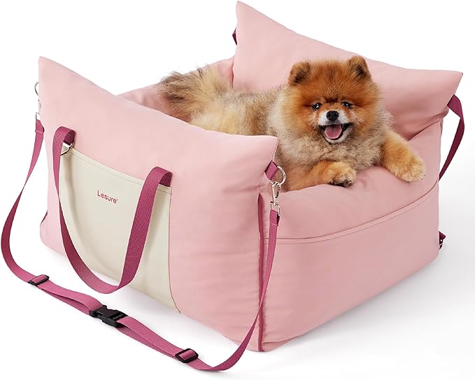 Lesure Small Dog Car Seat for Small Dogs - Waterproof Dog Booster Seat for Car with Storage Pockets and Clip-On Safety Leash and Thickened Memory Foam Filling, Pet Travel Carrier Bed Strawberry Cream
