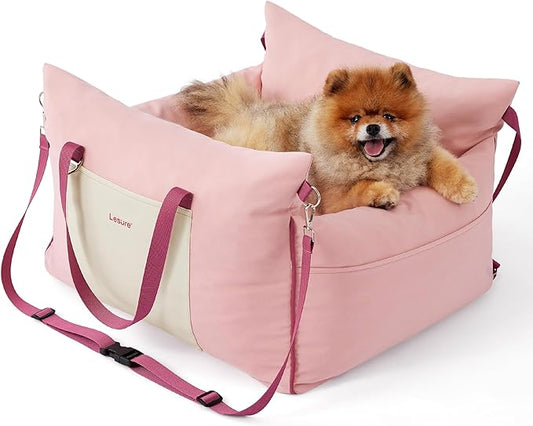 Lesure Small Dog Car Seat for Small Dogs - Waterproof Dog Booster Seat for Car with Storage Pockets and Clip-On Safety Leash and Thickened Memory Foam Filling, Pet Travel Carrier Bed Strawberry Cream