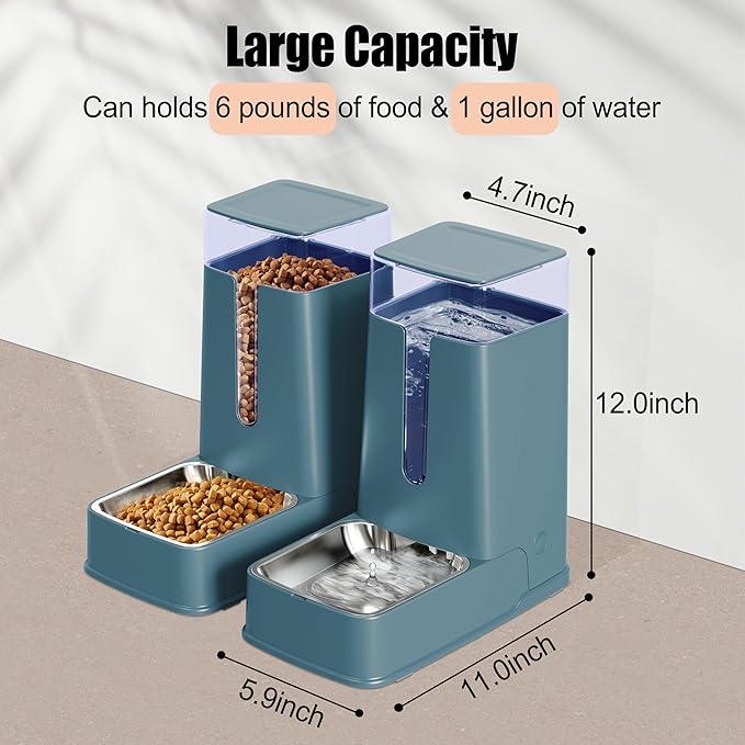 Automatic Cat Feeder and Cat Water Dispenser Set with Stainless Steel Bowls Gravity Dog Feeder for Small Medium Big Dog Pets Puppy Kitten, 1 Gallon x 2 (Cyan)