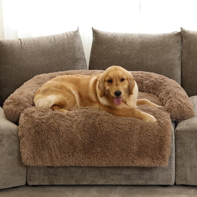 Calming Dog Bed Fluffy Plush Dog Mat for Furniture Protector with Removable Washable Cover for Large Medium Small Dogs and Cats (Extra Large (53x39.3x6), Brown)