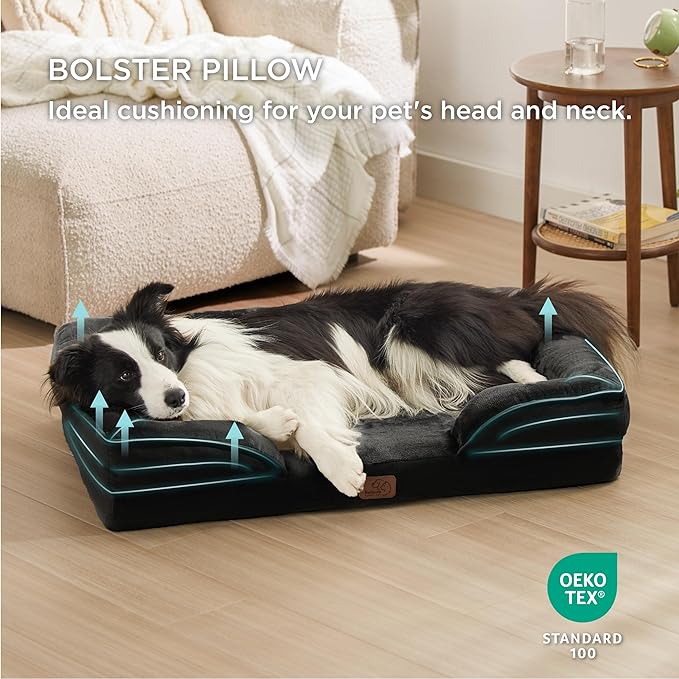 Bedsure Orthopedic Dog Bed for Large Dogs - Big Washable Dog Sofa Beds Large, Supportive Foam Pet Couch Bed with Removable Washable Cover, Waterproof Lining and Nonskid Bottom, Black