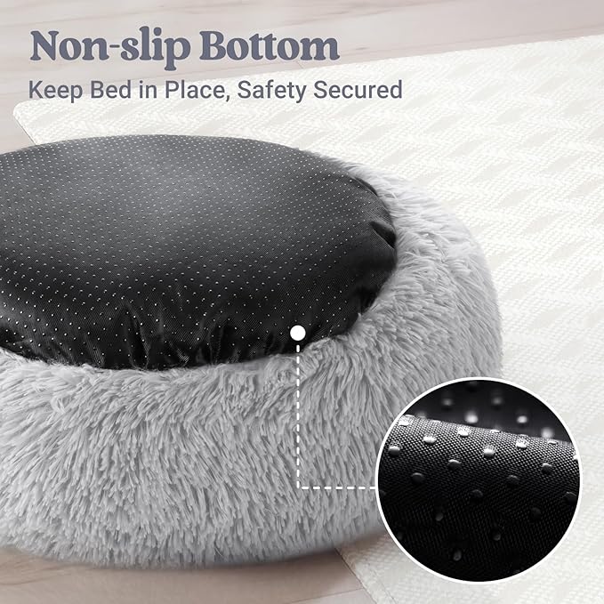 rabbitgoo Calming Dog Bed for Small Dog, 27 inches Pet Bed Washable, Fluffy Round Bed, Non-Slip Plush Large Cat Bed, Soft Cushion for Puppy, Light Grey