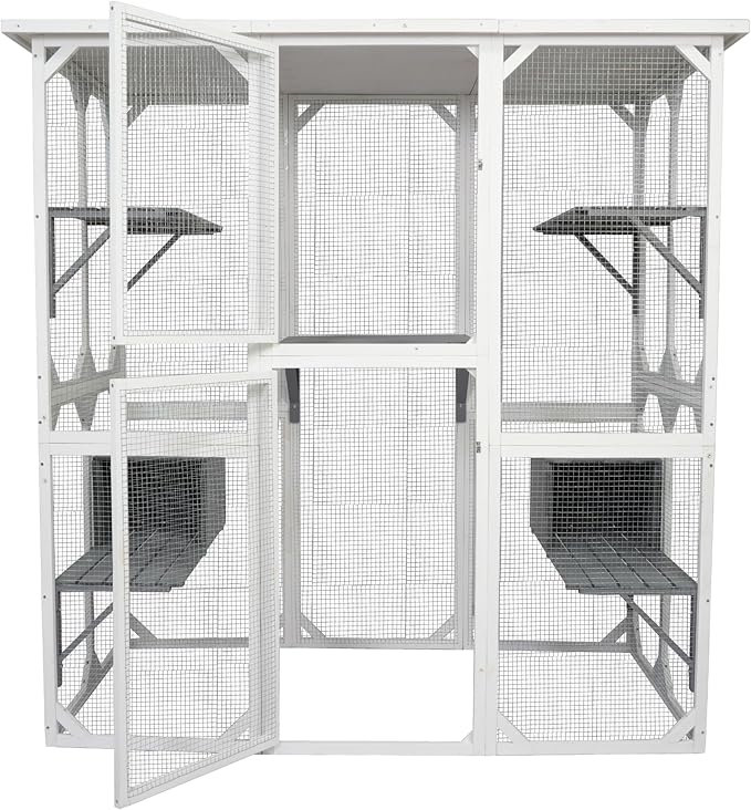 72 Inch Wooden Catio Outdoor Cat Enclosure on Wheels, Luxury Kitty-House with 8 Jumping Platforms & Weatherproof Asphalt Roof, Kitty Condo Cage Shelter Playpen with Sliding Doors