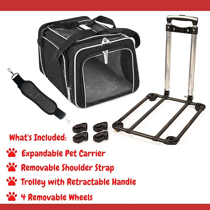 Airline Approved Expandable Premium Pet Carrier on Wheels- Two Sided Rolling Carrier- Designed for Dogs & Cats- Extra Spacious Soft Lined Carrier! (Black) (RL-PET-CARRIER-WHEELS)