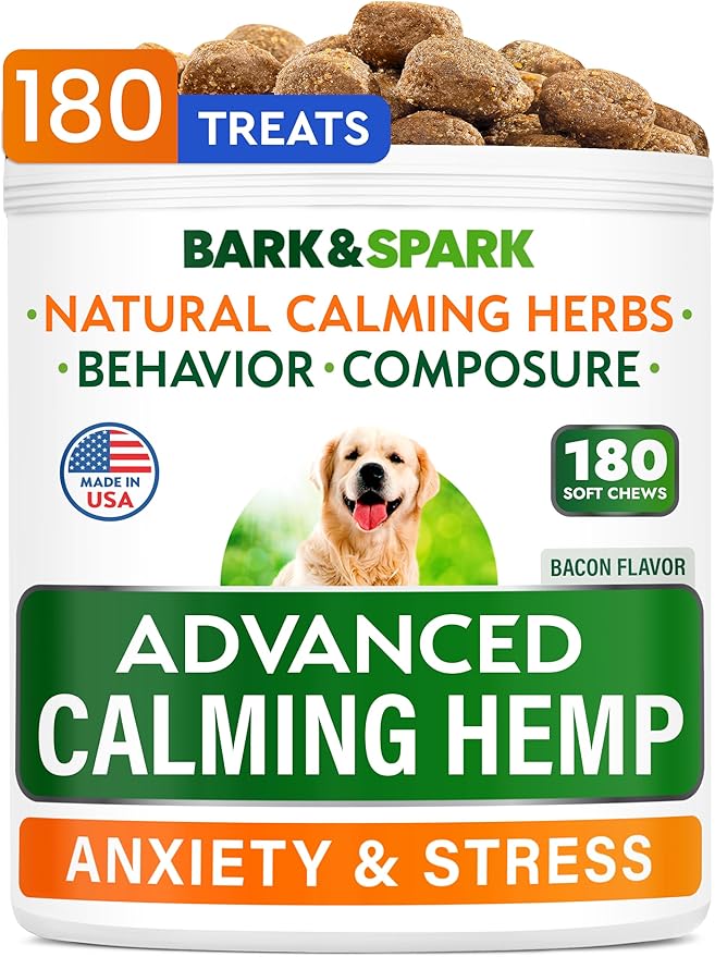 BARK&SPARK Advanced Calming Hemp Treats for Dogs - Hemp Oil + Melatonin - Anxiety Relief - Separation Aid - Stress Relief During Fireworks, Storms, Thunder - Aggressive Behavior, Barking - 180 Chews