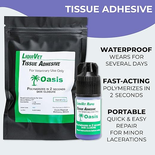 Liquivet Rapid 2 Second Tissue Adhesive, Vet Skin Glue, Tissue Wound Cut Skin Closure, 3mL Bottle and 6 Applicators